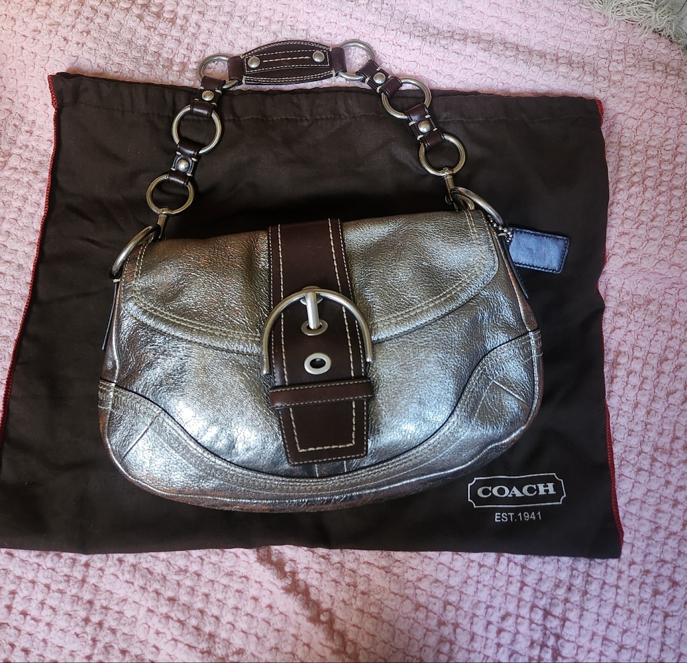 Coach Metallic Silver and Brown Shoulder Bag